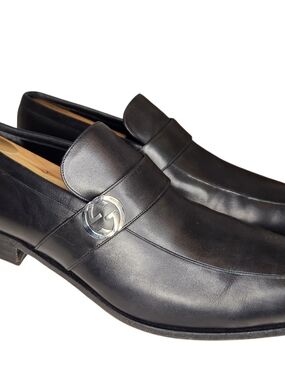 GUCCI  double G  black LEATHER LOAFERS SLIP ON SHOES MAN UK 12D/13D W/DUST BAGS
